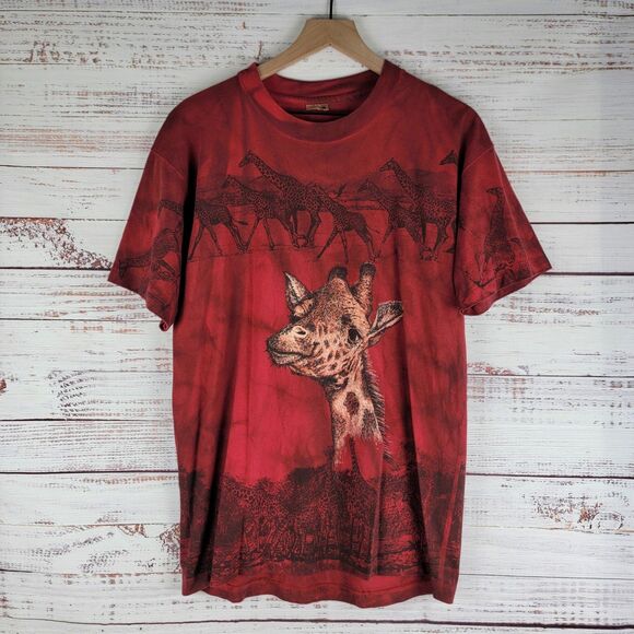 Vintage 90S Mens L Giraffe T Shirt Single Stitch Red All Over Print Anvil Tag - Picture 1 of 6